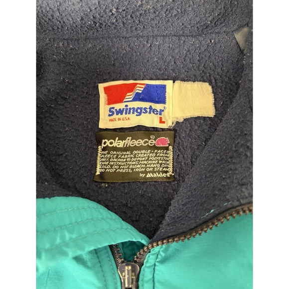 Vintage Swingster Bomber Polar Fleece Lined Jacket Large Napa Pennzoil Teal USA - Picture 2 of 8